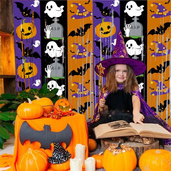 Halloween Bat Pumpkin Ghost Rain Curtain Backdrop, Party Photo Booth Background Decoration, Spooky Hanging Drape Props for Home Bar