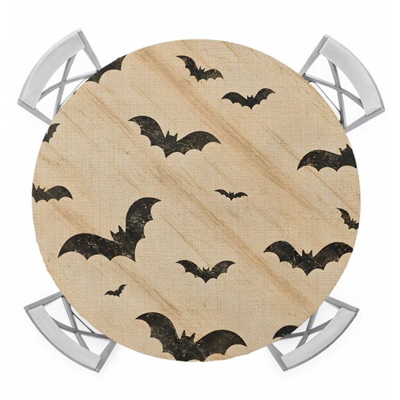 Halloween Bat Round Table Cover, Dark Black Flying Bats Silhouette Khaki Background Waterproof Fitted Tablecloths for 36"-44" Tables, Washable Picnic Table Cover for Camping Dining Indoor Outdoor