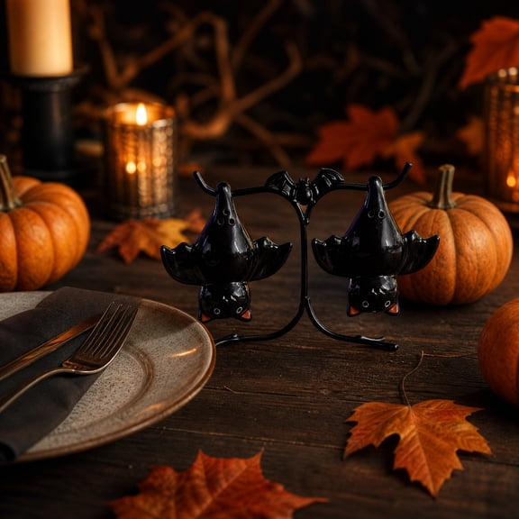 Halloween Bat Salt and Pepper Shaker Set with Metal Display Stand, Glossy Black Ceramic Bat Spice Shakers, Gothic Spooky Tabletop Seasoning Holder for Fall Halloween Dinner Table Decor