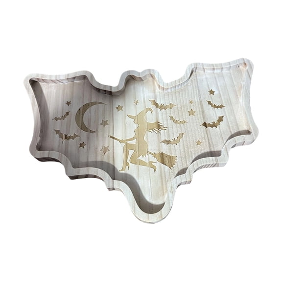 Halloween Bat‑Shaped Wooden Serving Platter Engraved Pattern For Seasonal Festive Dinners And Snack Service(Grey-36.5X17Cm)