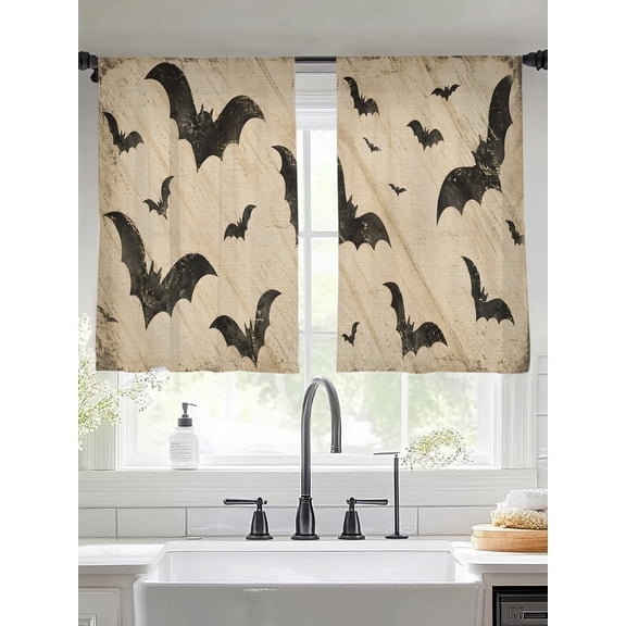 Halloween Bat Sheer Curtains 54 inches Long, Dark Black Flying Bats Silhouette Khaki Background Light Filtering Sheer Window Curtains Rod Pocket Voile Drapes for Bedroom Living Room, 2 Panels