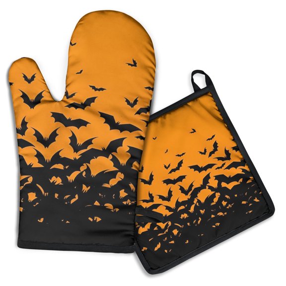Halloween Bat Silhouette Pattern Kitchen Oven Mitt and Pot Holder Sets 2 Pcs for Baking, Cooking and Grilling, Heat Resistant Up To 392 °F