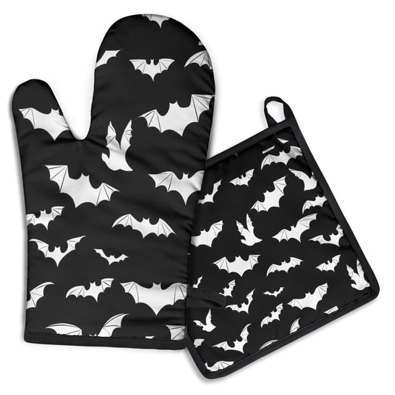 Halloween Bat Silhouettes Kitchen Oven Mitt and Pot Holder Sets 2 Pcs for Baking, Cooking and Grilling, Heat Resistant Up To 392 °F