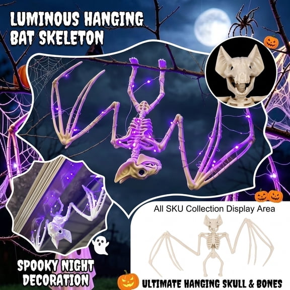 Halloween Bat Skeleton Decor, LED Purple Light Halloween Decorative Horrible Cow Bat Spider Rat Bones for Decoration Party Haunted House Props