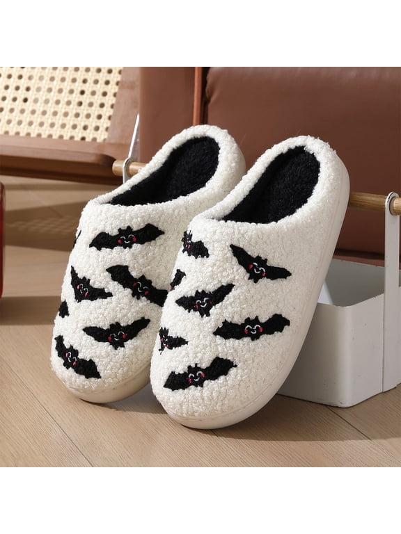 Halloween Bat Slippers for Men Women, Cute Spooky Gothic Printed Comfy House Shoes for Fall, Cozy Closed Toe Slip On Warm Indoor Slides