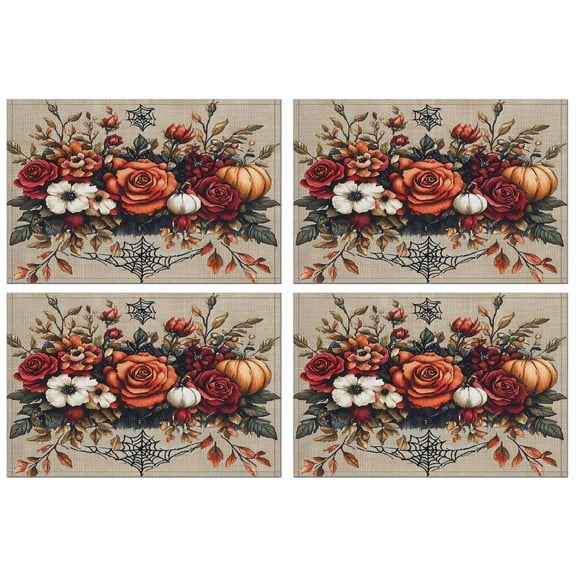 Halloween Bat Spider Web Flower Pumpkin Placemats Set of 4 Autumn Halloween Place Mat Washable Anti-Skid Table Mats for Party Kitchen Dining Decoration