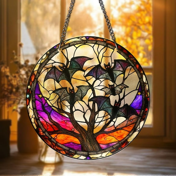 Halloween Bat Stained Glass Suncatcher Gothic Tree Window Hanging, Spooky Fall Decor, Flying Bats Art Panel, halloween Decor, Bat gifts