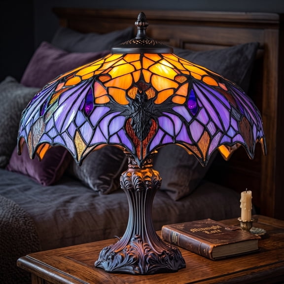 Halloween Bat Stained Glass Table Lamp, Multicolor Resin Base Vintage LED Bedside Night Light, Gothic Decor for Bedroom Desk Bar Party
