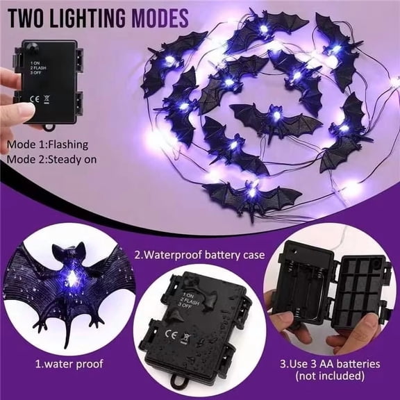 Halloween Bat String Lights 10FT 30 LED, Waterproof Battery Operated Fairy Lights with Remote and Timer, 8 Modes Purple Hanging Decor for Indoor Outdoor Yard Party