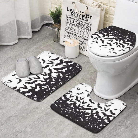 Halloween Bat Swarm Pattern Bathroom Rugs Sets 3 Piece,Toilet Cover Set,Absorbent Non Slip Bathroom Mats Sets with U-Shaped Contour Rug Toilet Rug Set