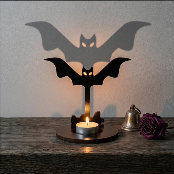 Halloween Bat Tealight Candle Holder,Glowing Eyes Spread Wings and Wall Shadow Projection Tabletop Tealight Display Ornament for Halloween Party Mantel Shelf Home Decor