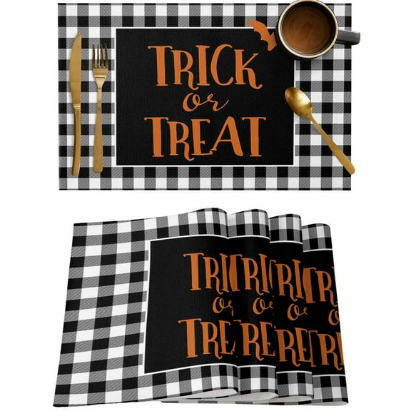Halloween Bat Trick or Treat Placemats Set of 4,Wipeable Washable Table Mats for Dining Tables,Black White Buffalo Check Place Mats for Kitchen Event Party Tabletop Decor