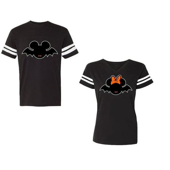 Halloween Bat Unisex Couple Matching Cotton Jersey style T-Shirt Contrasting stripes on sleeves (Men Black / Women Black) (Men S / Women S)