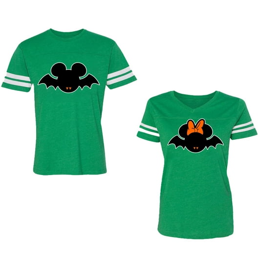 Halloween Bat Unisex Couple Matching Cotton Jersey style T-Shirt Contrasting stripes on sleeves (Men Green / Women Green) (Men S / Women M)