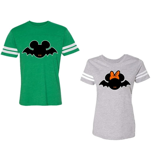 Halloween Bat Unisex Couple Matching Cotton Jersey style T-Shirt Contrasting stripes on sleeves (Men Green / Women Heather) (Men XXXL / Women XXL)