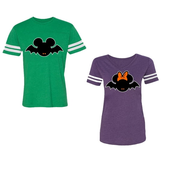 Halloween Bat Unisex Couple Matching Cotton Jersey style T-Shirt Contrasting stripes on sleeves (Men Green / Women Purple) (Men XXL / Women XXL)