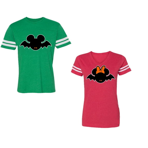 Halloween Bat Unisex Couple Matching Cotton Jersey style T-Shirt Contrasting stripes on sleeves (Men Green / Women Red) (Men M / Women S)