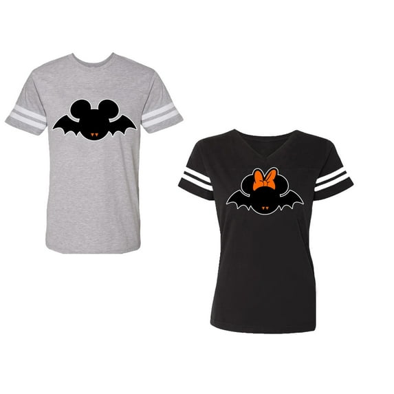 Halloween Bat Unisex Couple Matching Cotton Jersey style T-Shirt Contrasting stripes on sleeves (Men Heather / Women Black) (Men S / Women M)