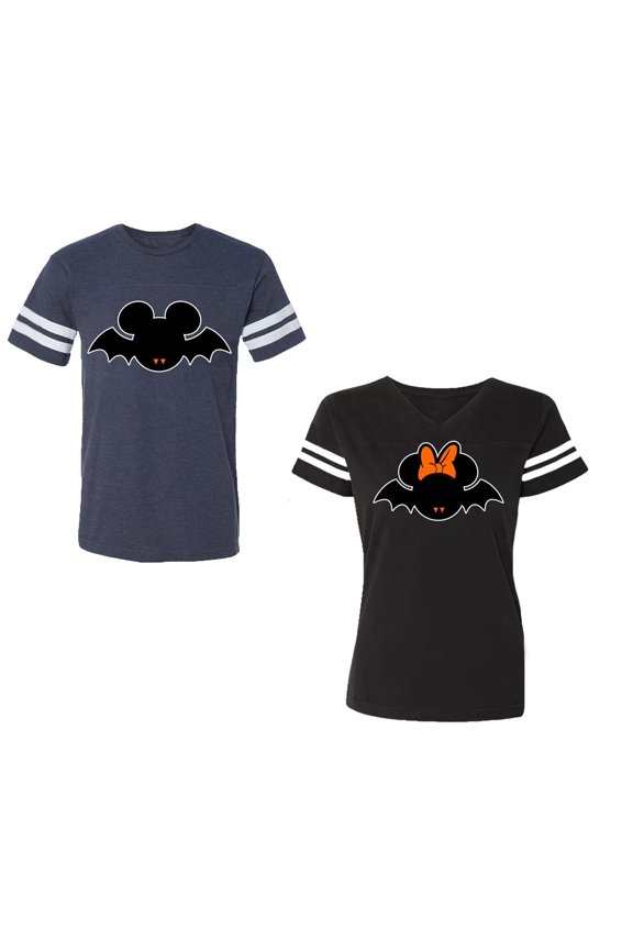 Halloween Bat Unisex Couple Matching Cotton Jersey style T-Shirt Contrasting stripes on sleeves (Men Navy / Women Black) (Men S / Women S)