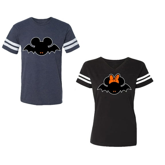 Halloween Bat Unisex Couple Matching Cotton Jersey style T-Shirt Contrasting stripes on sleeves (Men Navy / Women Black) (Men S / Women S)