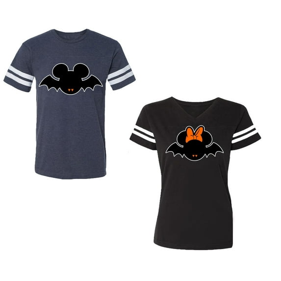 Halloween Bat Unisex Couple Matching Cotton Jersey style T-Shirt Contrasting stripes on sleeves (Men Navy / Women Black) (Men XXL / Women XL)