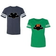 thumbnail image 1 of Halloween Bat Unisex Couple Matching Cotton Jersey style T-Shirt Contrasting stripes on sleeves (Men Navy / Women Green) (Men L / Women S), 1 of 3