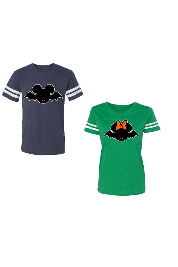 Halloween Bat Unisex Couple Matching Cotton Jersey style T-Shirt Contrasting stripes on sleeves (Men Navy / Women Green) (Men XXL / Women XXL)