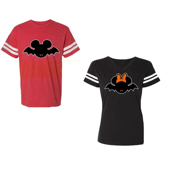 Halloween Bat Unisex Couple Matching Cotton Jersey style T-Shirt Contrasting stripes on sleeves (Men Red / Women Black) (Men S / Women XXL)