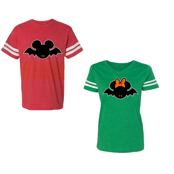 Halloween Bat Unisex Couple Matching Cotton Jersey style T-Shirt Contrasting stripes on sleeves (Men Red / Women Green) (Men S / Women M)