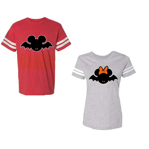 Halloween Bat Unisex Couple Matching Cotton Jersey style T-Shirt Contrasting stripes on sleeves (Men Red / Women Heather) (Men M / Women XL)