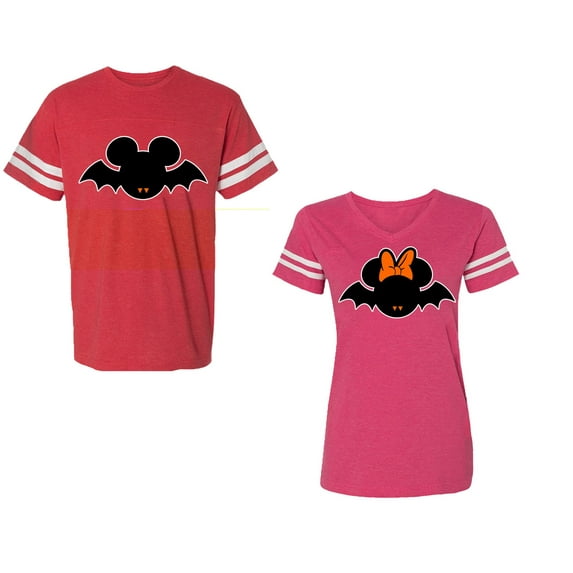 Halloween Bat Unisex Couple Matching Cotton Jersey style T-Shirt Contrasting stripes on sleeves (Men Red / Women Pink) (Men XXL / Women XL)