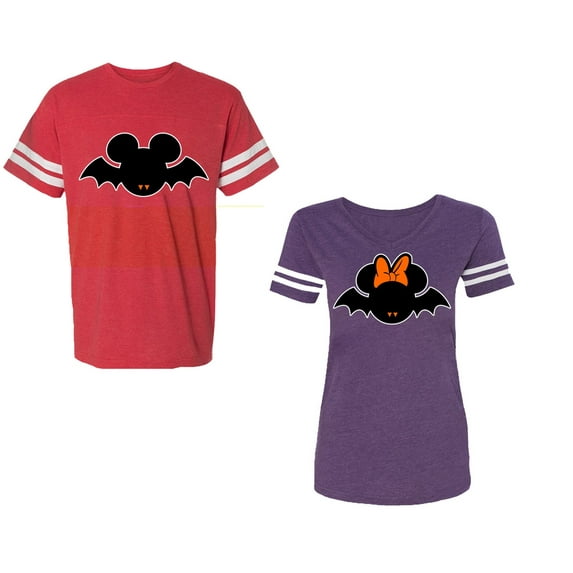 Halloween Bat Unisex Couple Matching Cotton Jersey style T-Shirt Contrasting stripes on sleeves (Men Red / Women Purple) (Men S / Women XL)