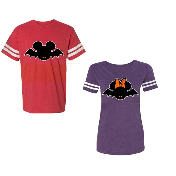 Halloween Bat Unisex Couple Matching Cotton Jersey style T-Shirt Contrasting stripes on sleeves (Men Red / Women Purple) (Men XL / Women L)