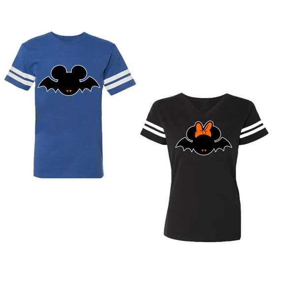 Halloween Bat Unisex Couple Matching Cotton Jersey style T-Shirt Contrasting stripes on sleeves (Men Royal / Women Black) (Men XXL / Women M)