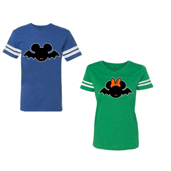 Halloween Bat Unisex Couple Matching Cotton Jersey style T-Shirt Contrasting stripes on sleeves (Men Royal / Women Green) (Men S / Women L)