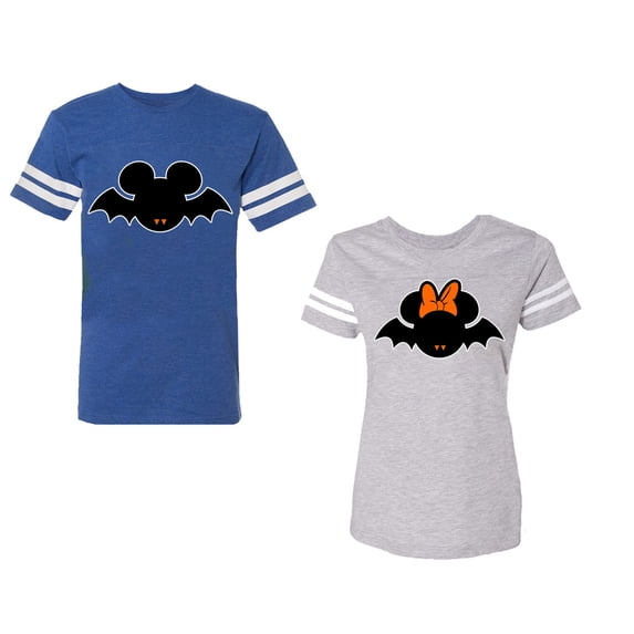 Halloween Bat Unisex Couple Matching Cotton Jersey style T-Shirt Contrasting stripes on sleeves (Men Royal / Women Heather) (Men S / Women M)