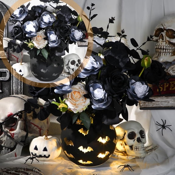 Halloween Bat Vase with String Lights, Black Bat Design Flower Vase, Decorative Vase with LED Lights, Perfect for Halloween Decor, Living Room, Party, Adds Spooky Festive Vibe