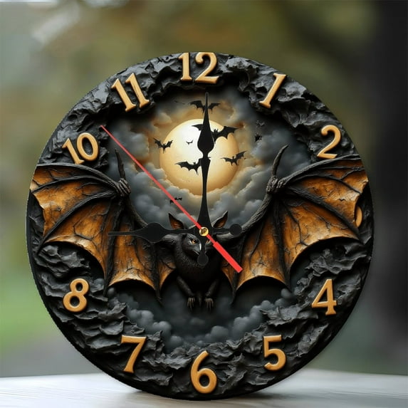 Halloween Bat Wall Clock Decor with Moon Design 10-Inch Silent Wooden Wall Clock, Battery Operated (AA Batteries Not Included), Artistic Home Decor