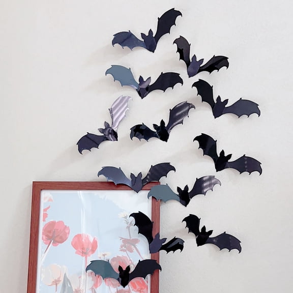 Halloween Bat Wall Decor Stickers 12 Pack 3D Black Red Decals for Window Door Home Party Spooky Gothic Room Decoration