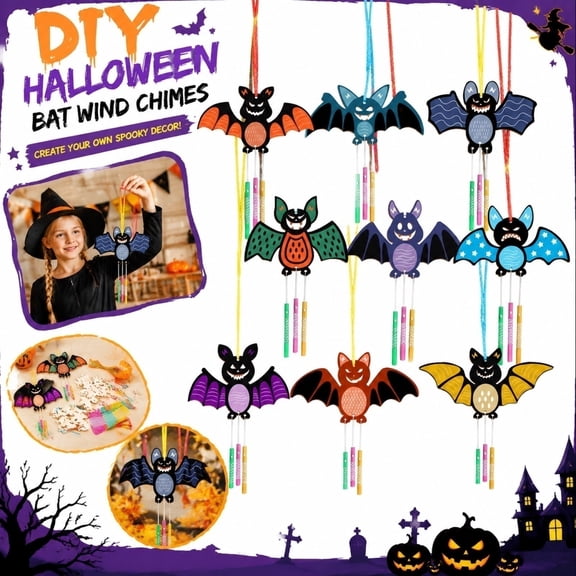 Halloween Bat Wind Chime Craft Kit, DIY Wooden 2D Bat Shapes with Colorful Tubes, Multiple Spooky Designs, Educational Halloween Party Activity, Fun Creative Hanging Decor Project for Kids.