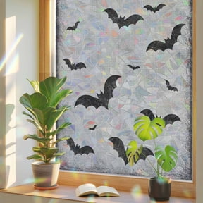 Halloween Bat Window Privacy Film, Dark Black Flying Bats Silhouette Gray Ash Background Stained Glass Rainbow Film Decorative Window Clings, Static Cling Sun Blocking Stickers 17.7" x 39.3"