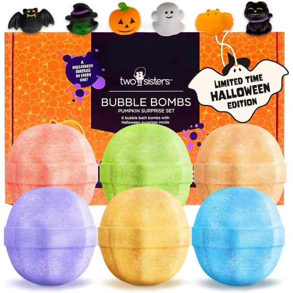 Halloween Bath Bombs for Kids with Surprise Halloween Figures Inside (6 Pack) - Large Pumpkin Bath Bombs for Kids, Boys, Girls – Spooky Boo Basket Stuffers for Kids - Made in USA by Two Sisters