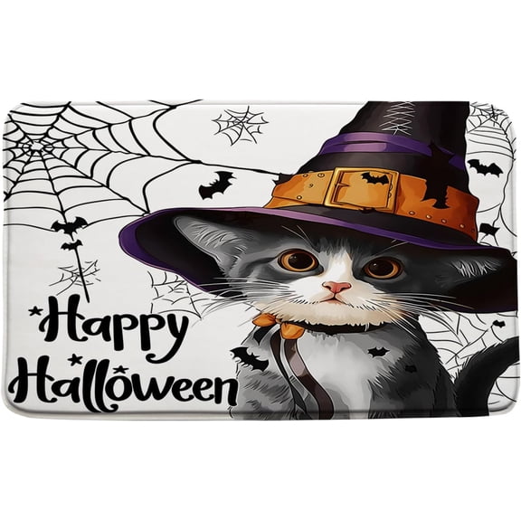 Halloween Bath Mat Black Cat Magic Hat Spider Web Bat Cute Cartoon Spooky Bathroom Kitchen Rugs,17.8x29.5 Inch