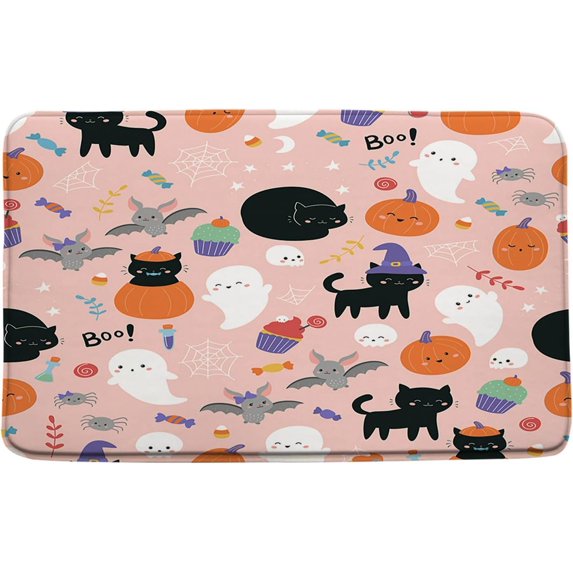 Halloween Bath Mat Cute Cartoon Cat Pumpkin Ghost Funny Spider Skull Bat Spooky Lovely Bathroom Kitchen Rugs,17.8x29.5 Inch