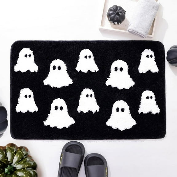 Halloween Bath Mat Spooky Ghosts Gothic Home Decor Black Rugs for Non Slip, Spooky Goth Gift Cute Shower Rug for Bathroom, Bedroom, Living Home Decoration, 15.7x23.6in