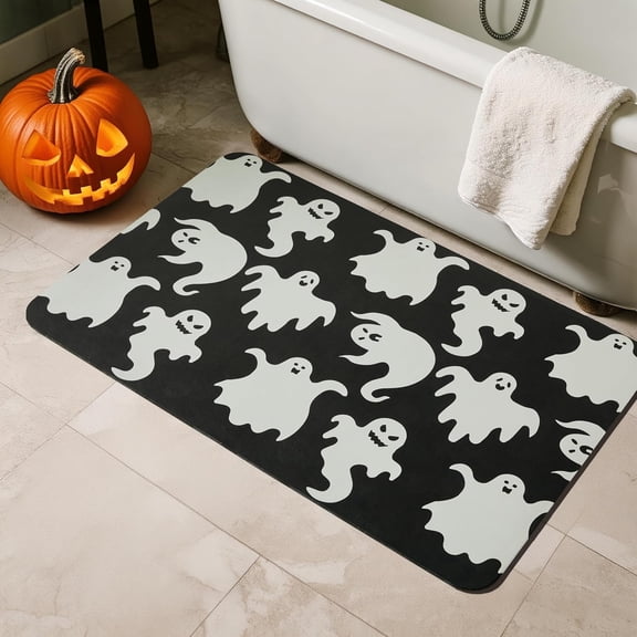 Halloween Bath Mat, Thin Halloween Bathroom Rug Non-Slip Quick Dry Pumpkin Bath Mat Fits Under Door Thin Floor Mat Fall Halloween Decor, 17’’x30‘’, Pumpkins Orange