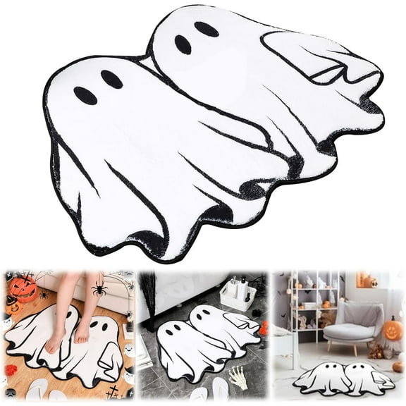 Halloween Bath Rug 23.6*15.7 Inch Ghost Pattern Goth Bath Mat Spooky Black White Gothic Bathroom Rug Non Slip Front Door Mat Carpet for Bedroom Home Living Room Kitchen Floor Decor Supplies