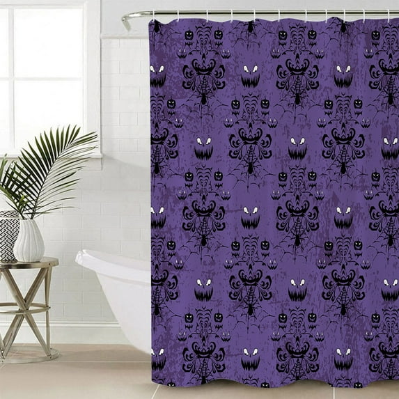 Halloween Bathroom Curtain 78 Inch Shower Curtain with Hooks, Purple Black Ghosts Spooky Pumpkins Spi-der Waterproof Polyester Bath Curtain Washable Bathtub Curtain 36''x 78''