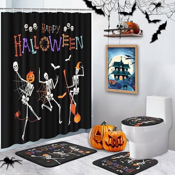 Halloween Bathroom Decor 4 Piece Set, 71 Inch Waterproof Quick Dry Fabric Shower Curtain with Non Slip Absorbent Floor Mats, Cute Skeleton Web Print for Halloween Party Home Use