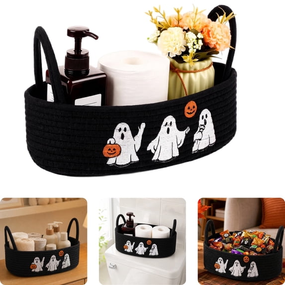 Halloween Bathroom Decor Black Woven Cotton Rope Storage Basket Toilet Paper Basket With Handle For Countertop Toilet Tank And Seasonal Home Organization,A
